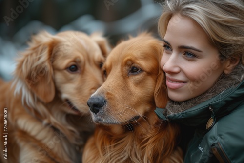 A woman in green outerwear finds comfort nestled between two affectionate golden dogs on a chilly day