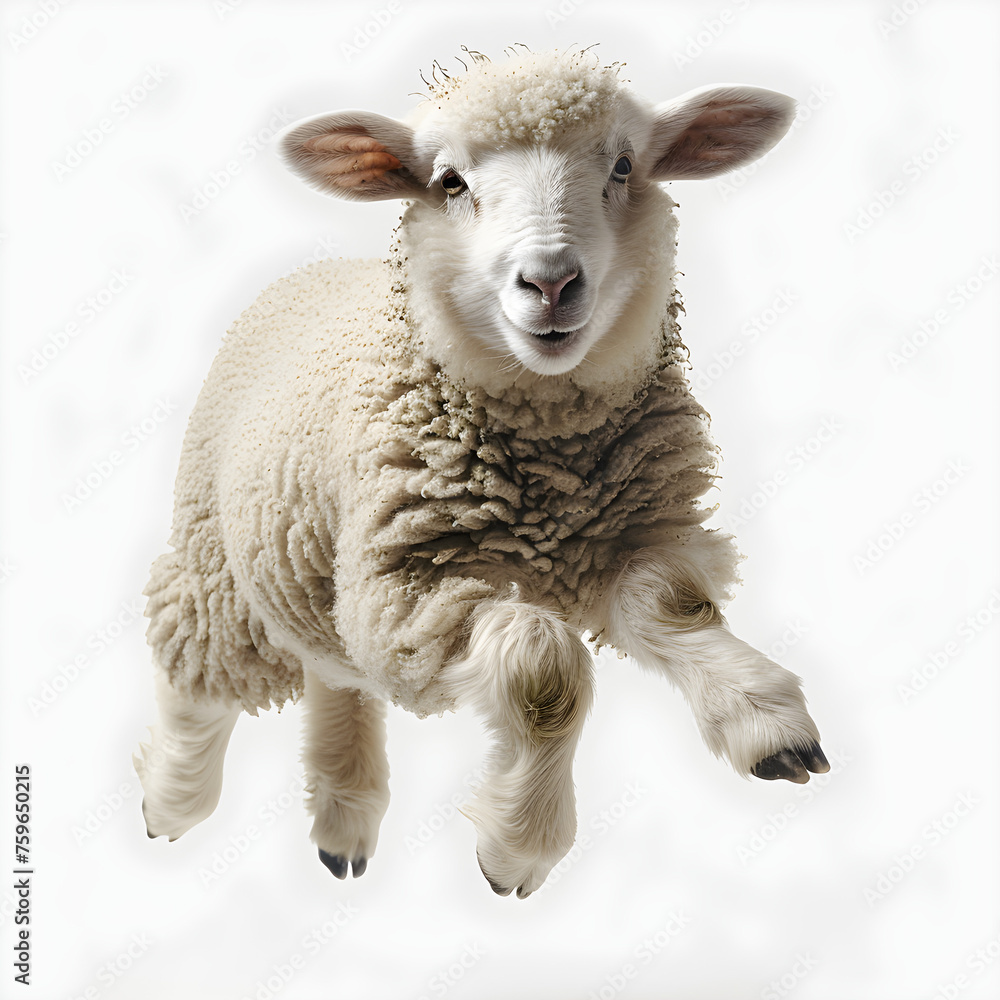 Fototapeta premium A happy sheep jumping in a cheerful and lively atmosphere, perfect for nature and farm-related events and promotions.