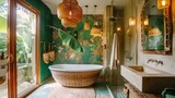 Bohemian-Style Bathroom with Rattan Freestanding Tub and Tropical Leaf Mosaic Shower