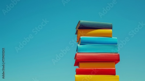 Colorful stacked books against a clear blue sky.