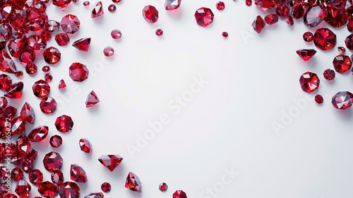 Ruby gemstones scattered on a white background with empty space in the center