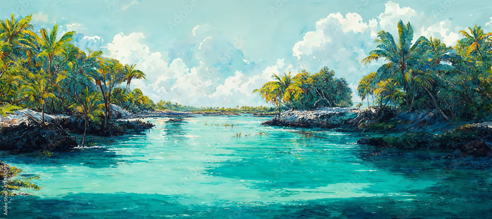Fototapeta premium Tropical turquoise blue lagoon with exotic palm trees, warm and sunny summer midday island landscape in watercolor like style.