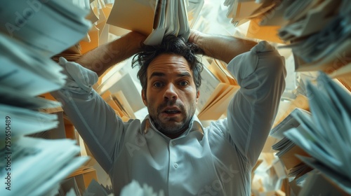 A man wearing a white shirt uses both hands to lift a large number of folder files. above his head, his expression very serious. generative ai illustration.