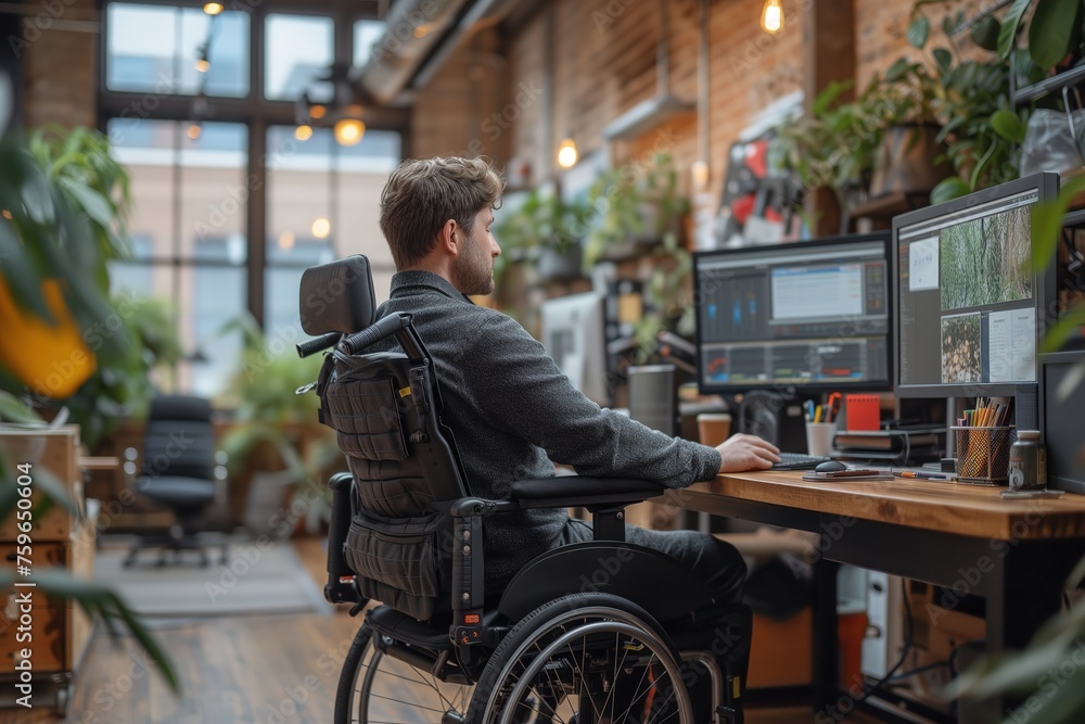 A dedicated man on a wheelchair engages in his work, surrounded by screens and lush greenery A dedicated man on a wheelchair engages in his work, surrounded by screens and lush greenery