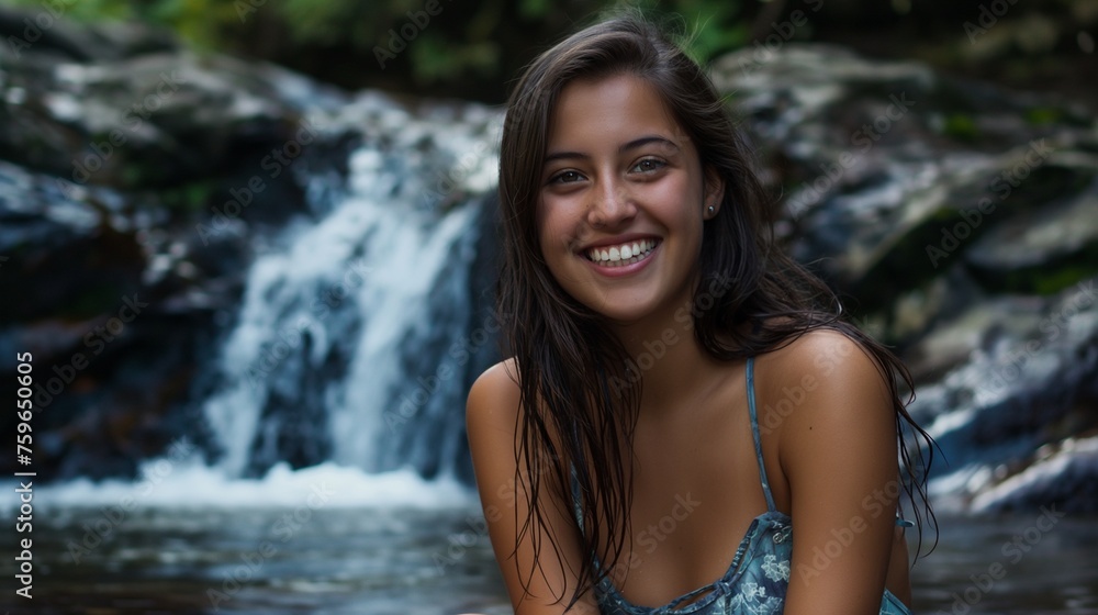A hidden waterfall, a smiling model girl in a peaceful natural setting.