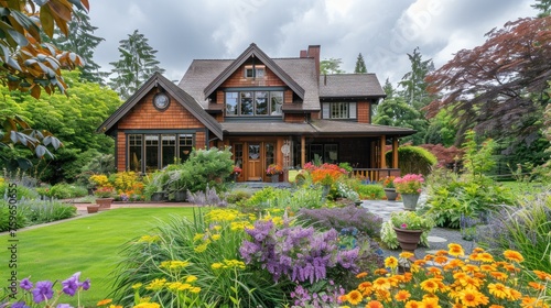 A beautifully maintained house and garden showcasing vibrant annual and peren...