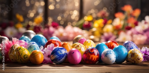 colorful easter eggs on a wooden floor