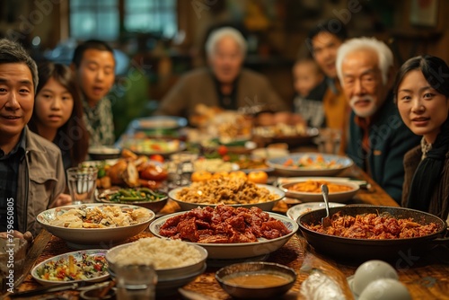 Diverse family gathering around a table full of traditional dishes in a warm, homely setting © Jelena