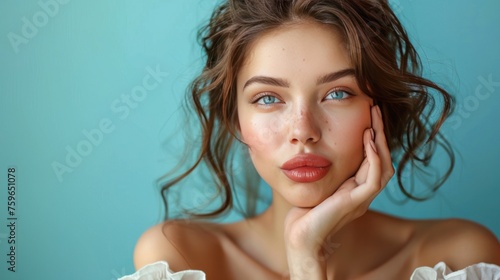 Close-up portrait of a charming and vibrant lady in a stylish white off-the-s...