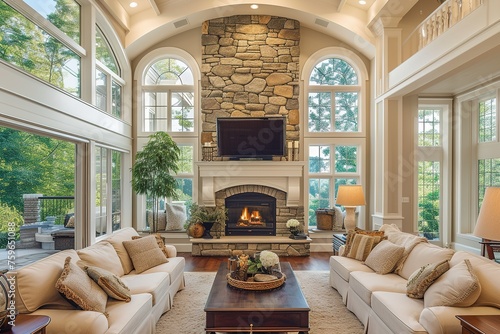 Beautiful living room in new traditional style luxury home with stone fireplace surround, vaulted ceilings, and elegant furnishings