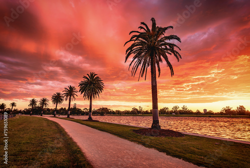 The sunset view of the Albert Lake in Melbourne under the rosy clouds and romantic sky photo