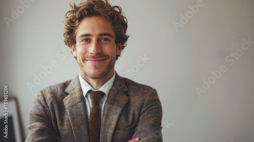 A charming CEO's smile fills the portrait, off-center composition providing a...