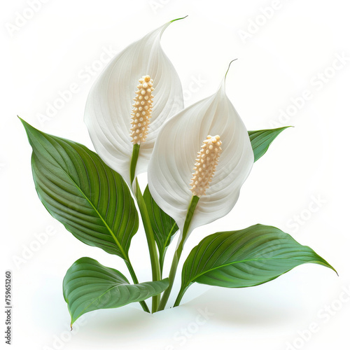 Delicate white spathiphyllum, also known as peace lily, against a pure white background.