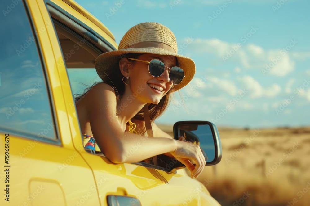 Naklejka premium Happy woman enjoying a car journey on a summer road trip, happy young smiling girl wearing sunglasses and a hat sitting on the car window open leaning out from the car door looking at the landscape 