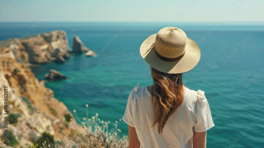 back view A young woman in a summer straw hat is sit on top of a cliff, looking at a sea view landscape with a blue sky. Travel concept for a couple or family road trip vacation