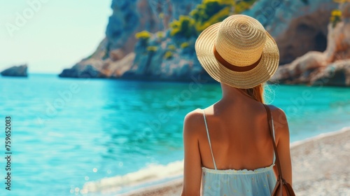 back view A young woman in a summer straw hat is sit on top of a cliff, looking at a sea view landscape with a blue sky. Travel concept for a couple or family road trip vacation