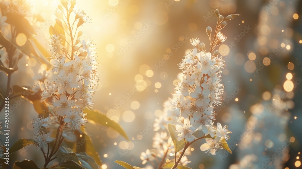 White flowers shimmering in golden sunlight. White flowers shimmering in golden sunlight.
