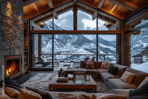 Cheminée dans l'intérieur d'un chalet de luxe en hiver avec vue sur la montagne et la neige. © interior