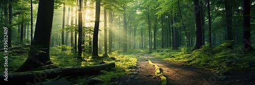 Beautiful forest landscape with sun rays, banner