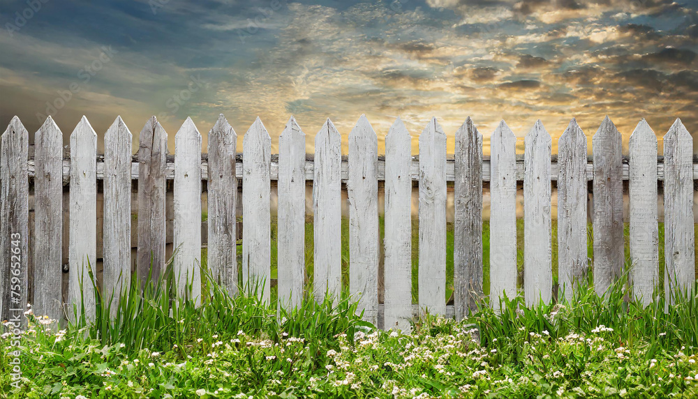 Old white wooden fence and green grass. Cloudy sky.