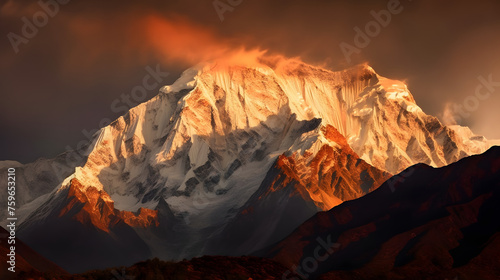 Scenic view of snow covered Annapurna mountain against sky during sunrise 