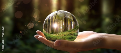 The hand holding a glass ball contains a green tree, referring to concern for the environment, natural forest background
