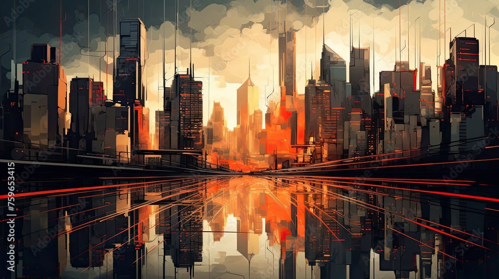 Bright illustration of city street, digital painting, art in orange and black colors. Dusk in downtown, skyscrapers with reflections Bright illustration of city street, digital painting, art in orange and black colors. Dusk in downtown, skyscrapers with reflections