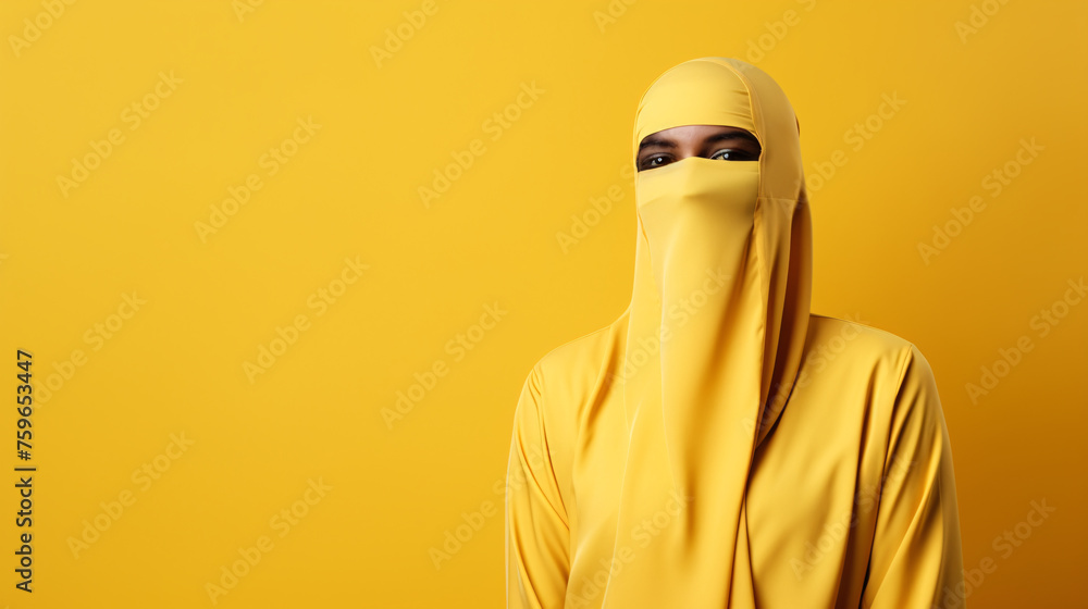 smile muslim standing over yellow isolated background. smile muslim standing over yellow isolated background.