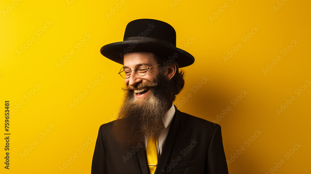 smile Hasidim standing over yellow isolated background.