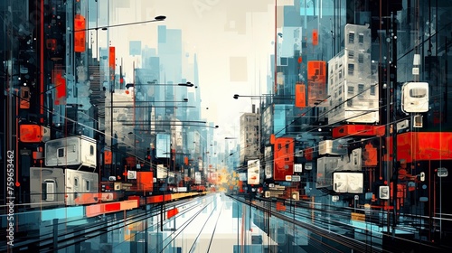 City street, graphic concept, bright illustration art