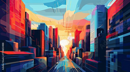 City street, graphic concept, bright colorful illustration art