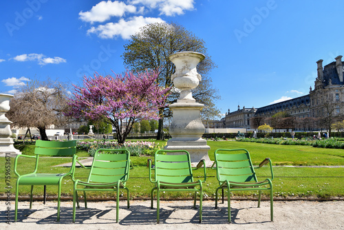 Paris, France. The scenery with chairs in the Tuileries Garden. April 7, 2021. photo