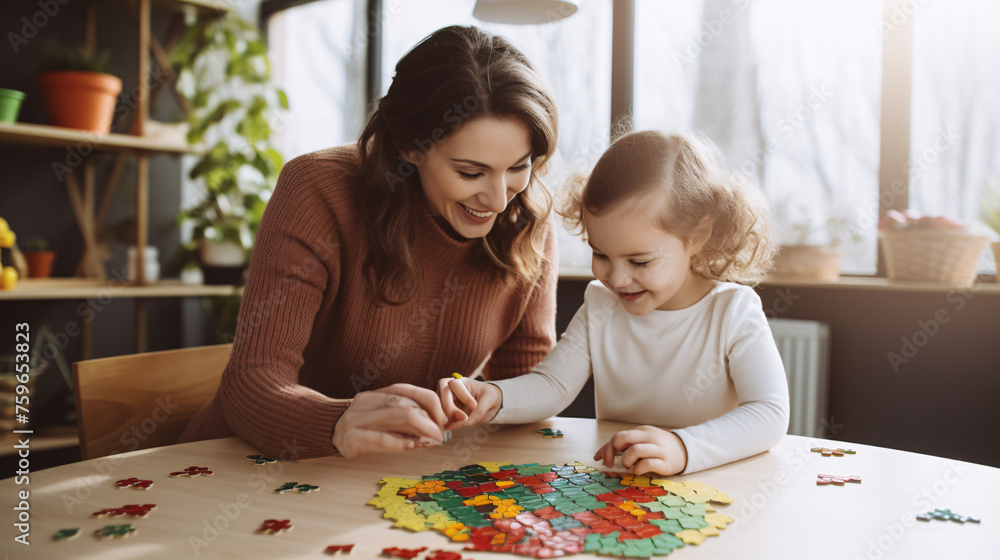 Fototapeta premium Teacher and toddler playing with maths puzzle game sitting on table at kindergarten.