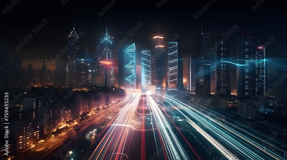 Speed light trails path through smart modern mega city and skyscrapers town with neon futuristic technology background