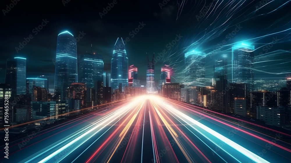 Obraz premium Speed light trails path through smart modern mega city and skyscrapers town with neon futuristic technology background