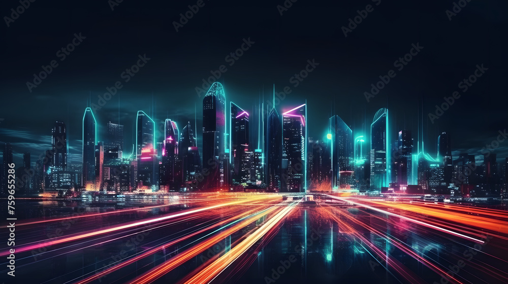 Speed light trails path through smart modern mega city and skyscrapers town with neon futuristic technology background