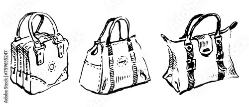 Handbags female fashionable accessories different shape style collection sketch, black and white hand drawings isolated on white