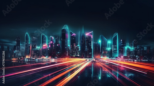 Speed light trails path through smart modern mega city and skyscrapers town with neon futuristic technology background
