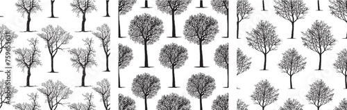 Trees bare deciduous silhouettes, hand drawings,seamless pattern, vector background, paper,wallpaper
