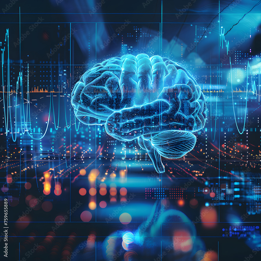 Neon Brain Illustration with Sound Waves generative ai Neon Brain Illustration with Sound Waves generative ai