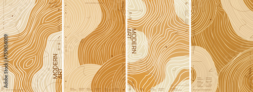 A set of modern abstract posters reminiscent of a topographic map pattern or wood grain texture. Four vector simple illustrations with wavy lines and a beige-caramel color palette.