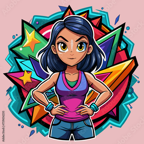 Sticker featuring a stylish girl striking a confident pose against a backdrop of vibrant graffiti, adding urban flair to t-shirt designs