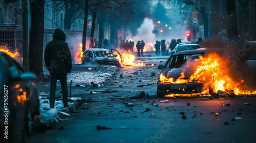 Urban chaos with multiple vehicles ablaze in street riot. Vivid flames and smoke set against dimming light create striking visual impact. Ideal for content related to civil unrest or conflict. photo