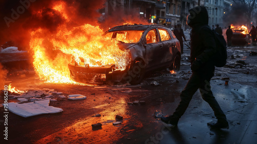 Urban chaos with multiple vehicles ablaze in street riot. Vivid flames and smoke set against dimming light create striking visual impact. Ideal for content related to civil unrest or conflict. photo
