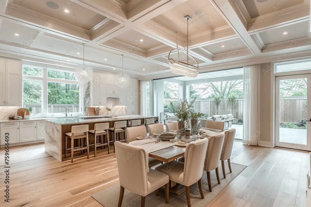 Dining room and kitchen in a new open plan home. Features White walls and ceiling and parquet floors. Beautiful furniture made of wood and marble light-colored furniture fronts
