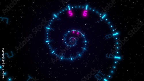 Concept of space of time in the universe, spiral clock with galaxy star background. Time Spiral. The composition of the space of time, the flight in space in a spiral of digital clock timer. photo