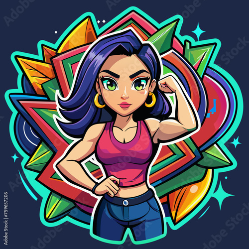 Sticker featuring a stylish girl striking a confident pose against a backdrop of vibrant graffiti, adding urban flair to t-shirt designs