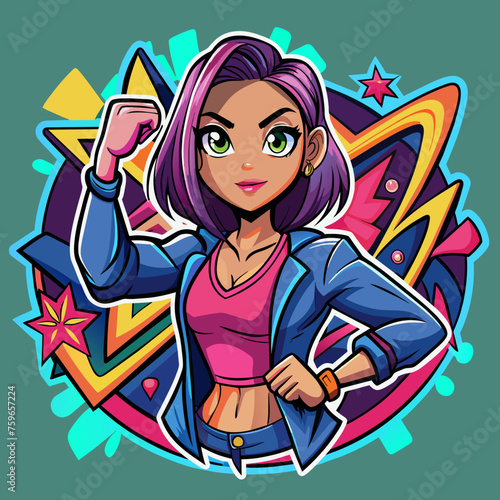 Sticker featuring a stylish girl striking a confident pose against a backdrop of vibrant graffiti, adding urban flair to t-shirt designs