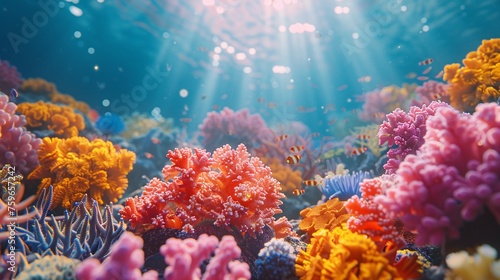 colorful sea coral reef claymation, penetration light, text copy space