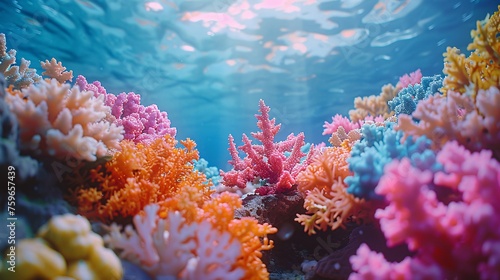 colorful sea coral reef claymation  penetration light  text copy space